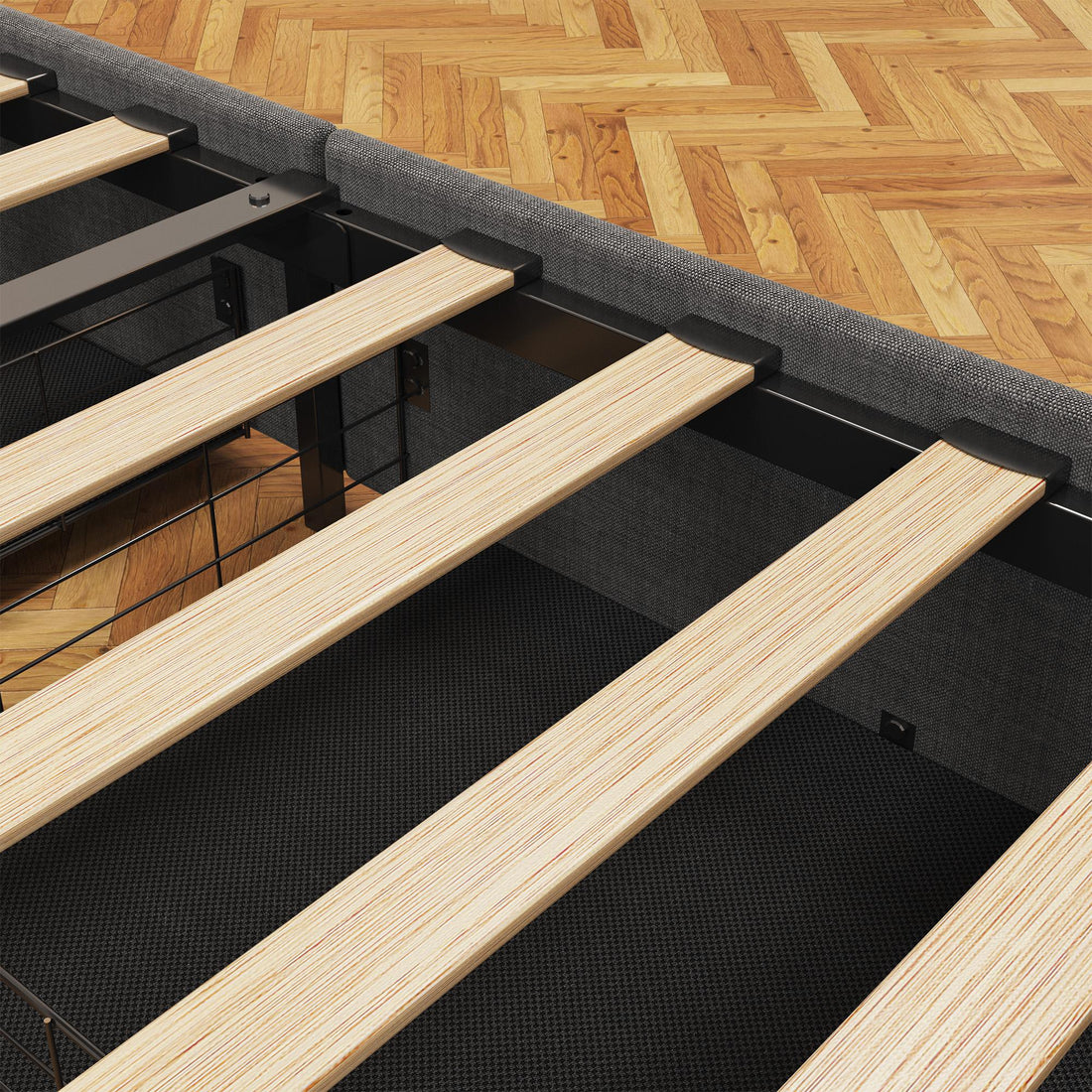 Queen size LED bed frame with winged headboard design for extra storage space