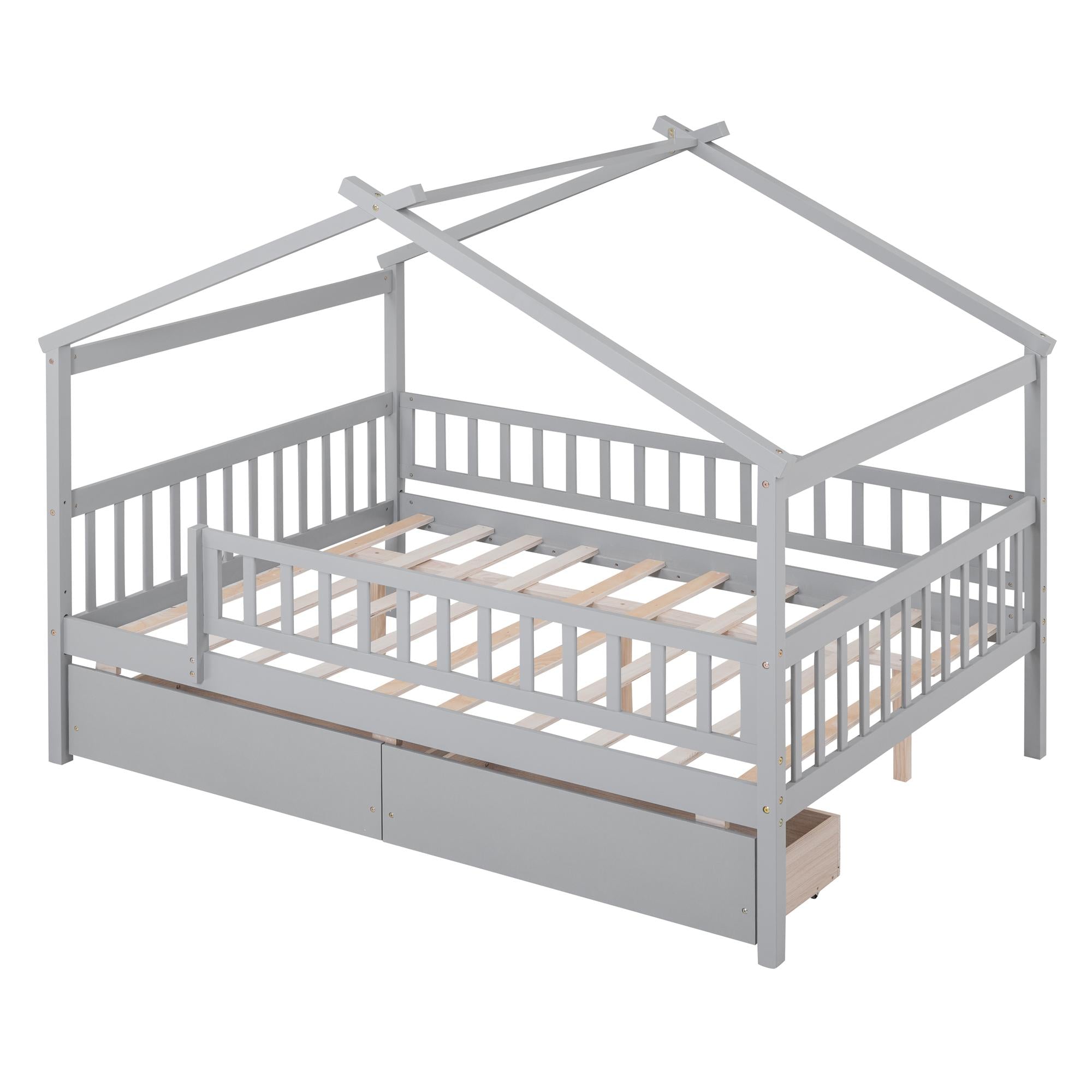 Full Size Wooden House Bed with Two Drawers
