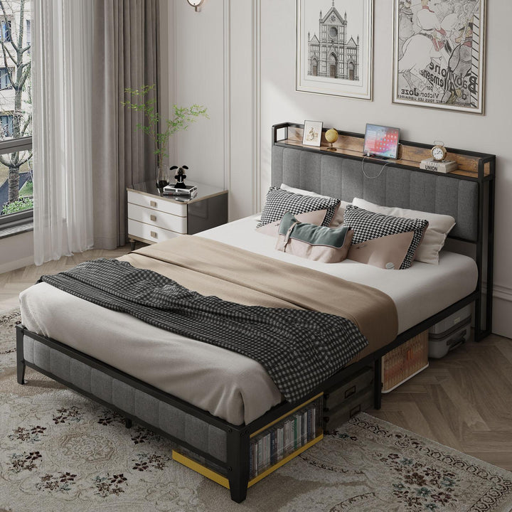 Queen-Size，Full metal bed frame with charging port at the head of the bed.