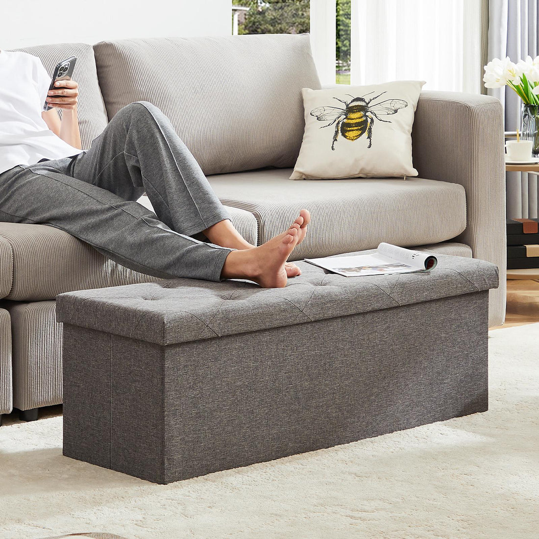 Storage Ottoman with Thicker Foam Padded Seat, Folding Foot Rest for Living Room End of Bed Bench