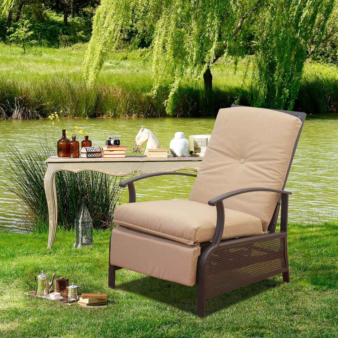 Adjustable Patio Recliner Chair Metal Outdoor Reclining Lounge Chair with Remova
