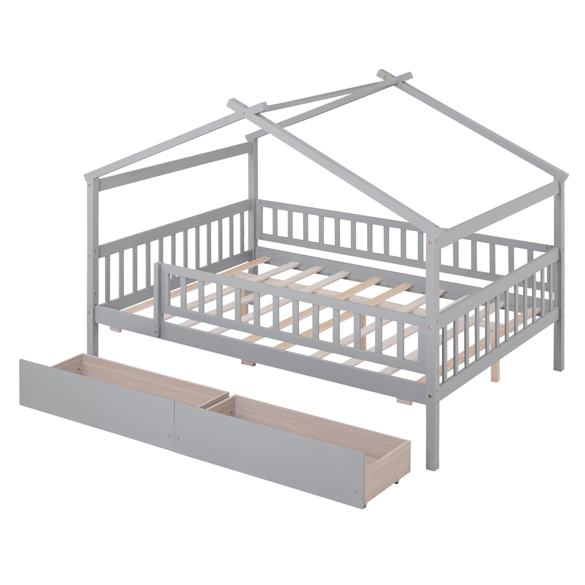 Full Size Wooden House Bed with Two Drawers