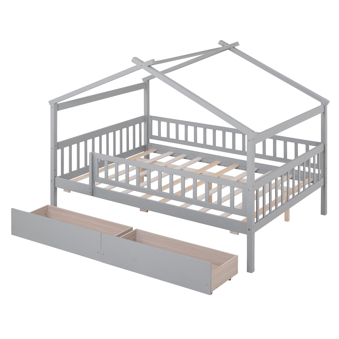Full Size Wooden House Bed with Two Drawers