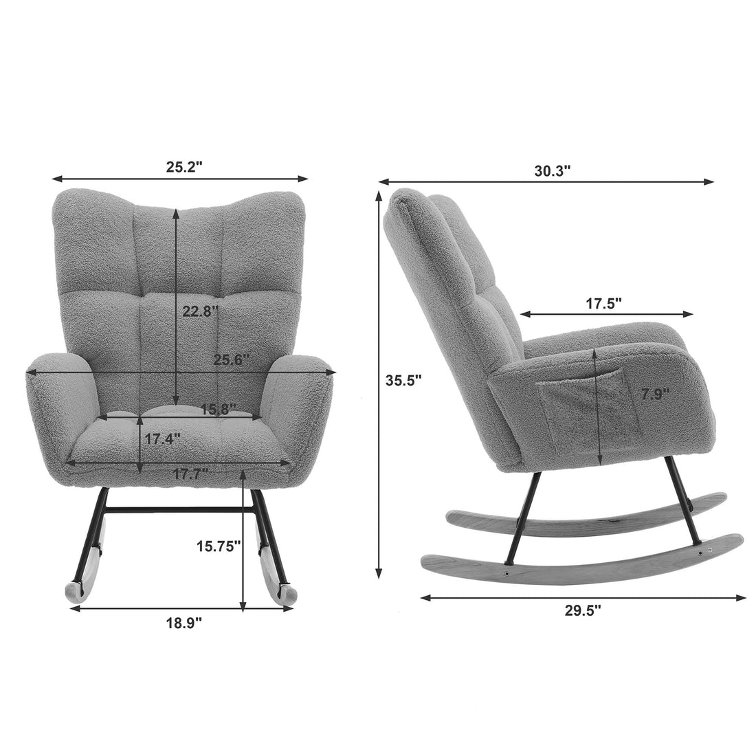 Rocking Chair with Pocket, Soft Teddy Fabric Rocking Chair for Nursery, Comfy Wingback Glider Rocker with Safe Solid Wood Base for Living Room Bedroom