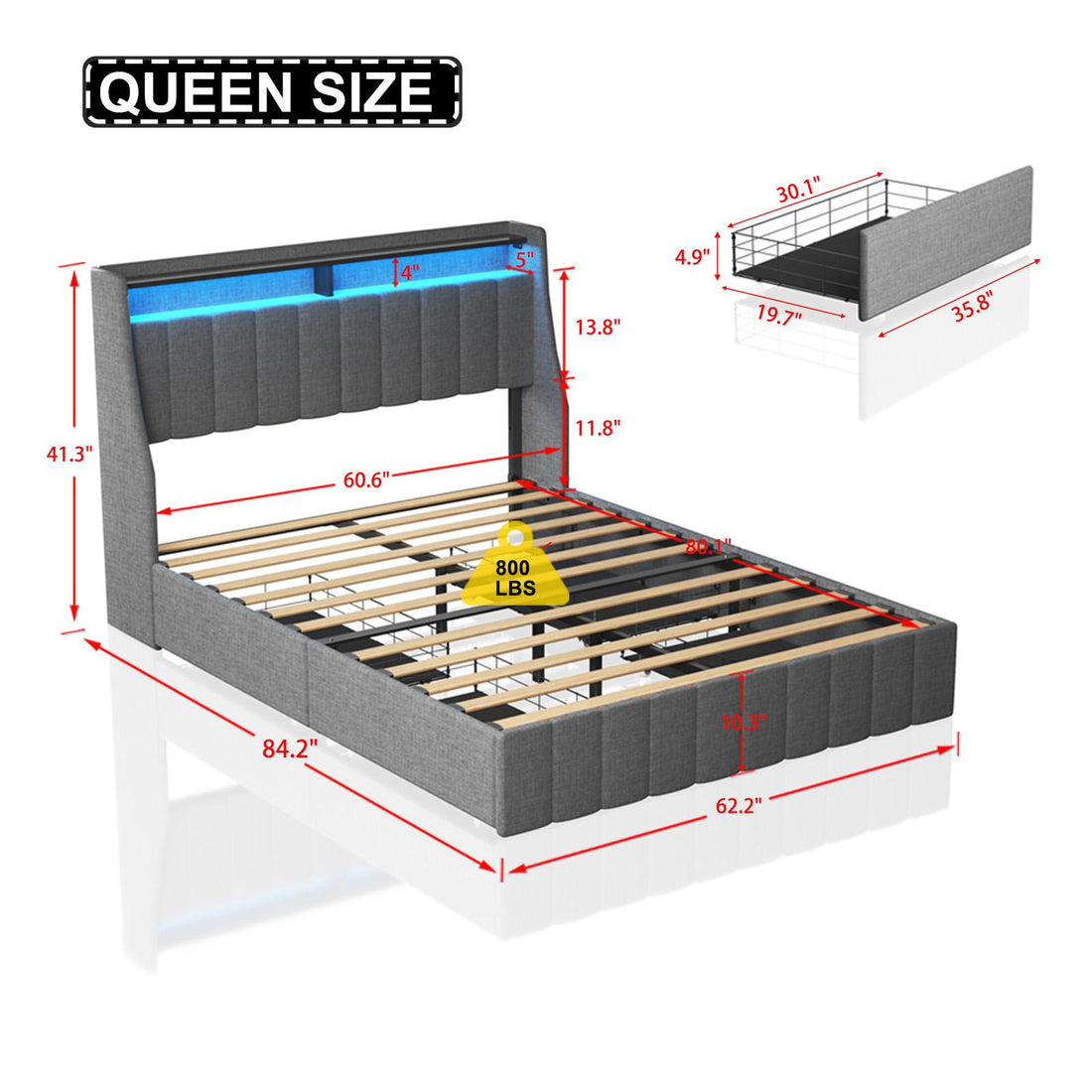 Queen size LED bed frame with winged headboard design for extra storage space