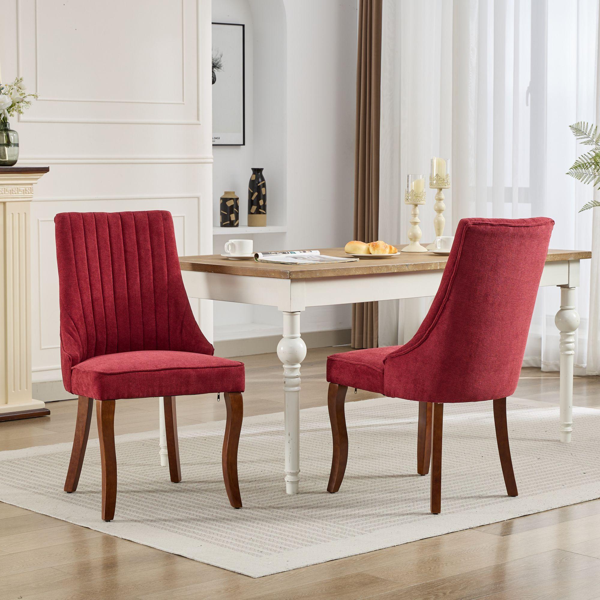 Rayon Cloth Flocking Linen Dining Chairs  Comfy Fabric Upholstered Accent Chair for Dining Room with Curved Solid Wood Legs,Set of 2