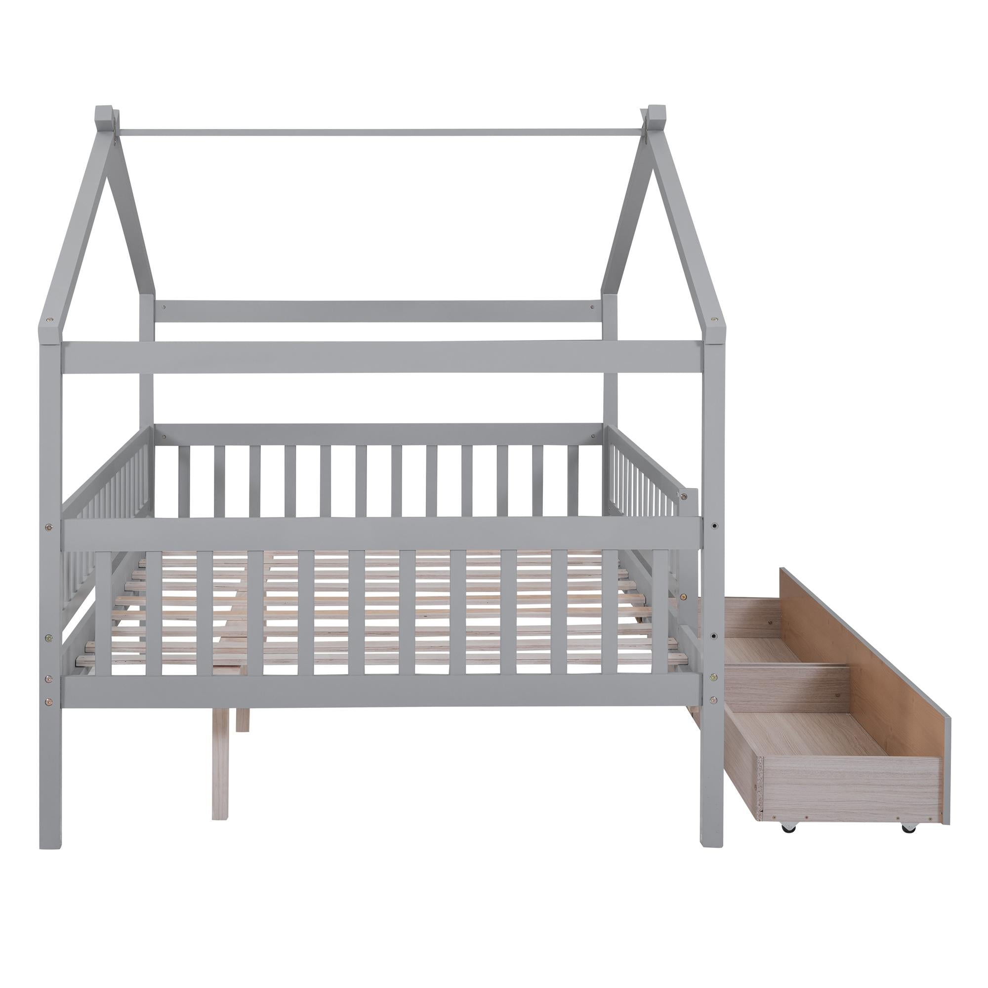 Full Size Wooden House Bed with Two Drawers