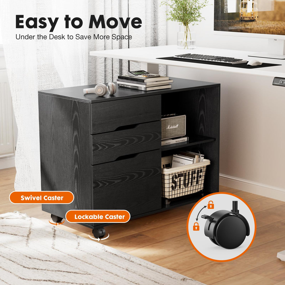 3 Drawer Filing Cabinet Wood Printer Stand with Storage Office Organize Cabinets with Wheels