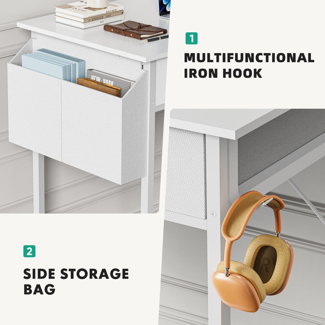 Computer Desk Small Home Office Bedroom Writing Study PC Table with Storage Space Fabric Side Bag Headphone Hook Metal Frame Adjustable