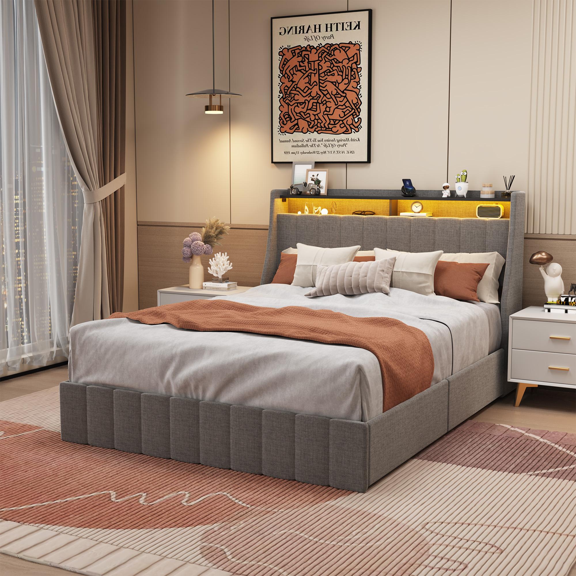 Queen size LED bed frame with winged headboard design for extra storage space