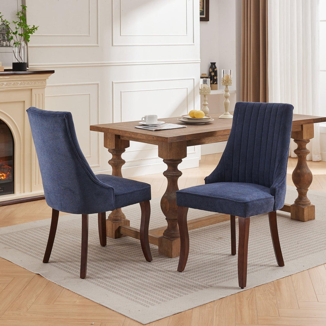 Rayon Cloth Flocking Linen Dining Chairs  Comfy Fabric Upholstered Accent Chair for Dining Room with Curved Solid Wood Legs,Set of 2