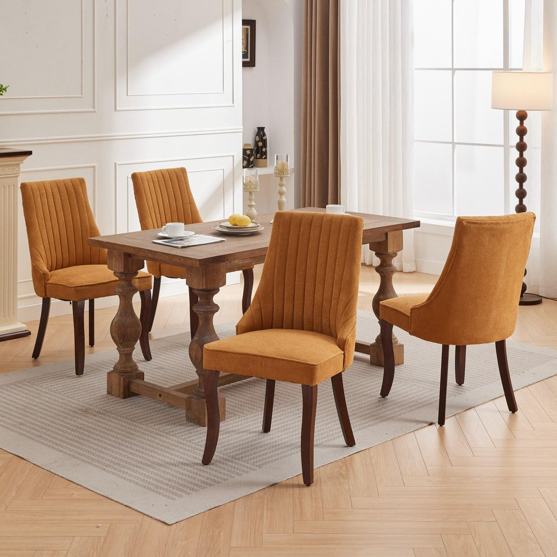 Rayon Cloth Flocking Linen Dining Chairs  Comfy Fabric Upholstered Accent Chair for Dining Room with Curved Solid Wood Legs,Set of 2