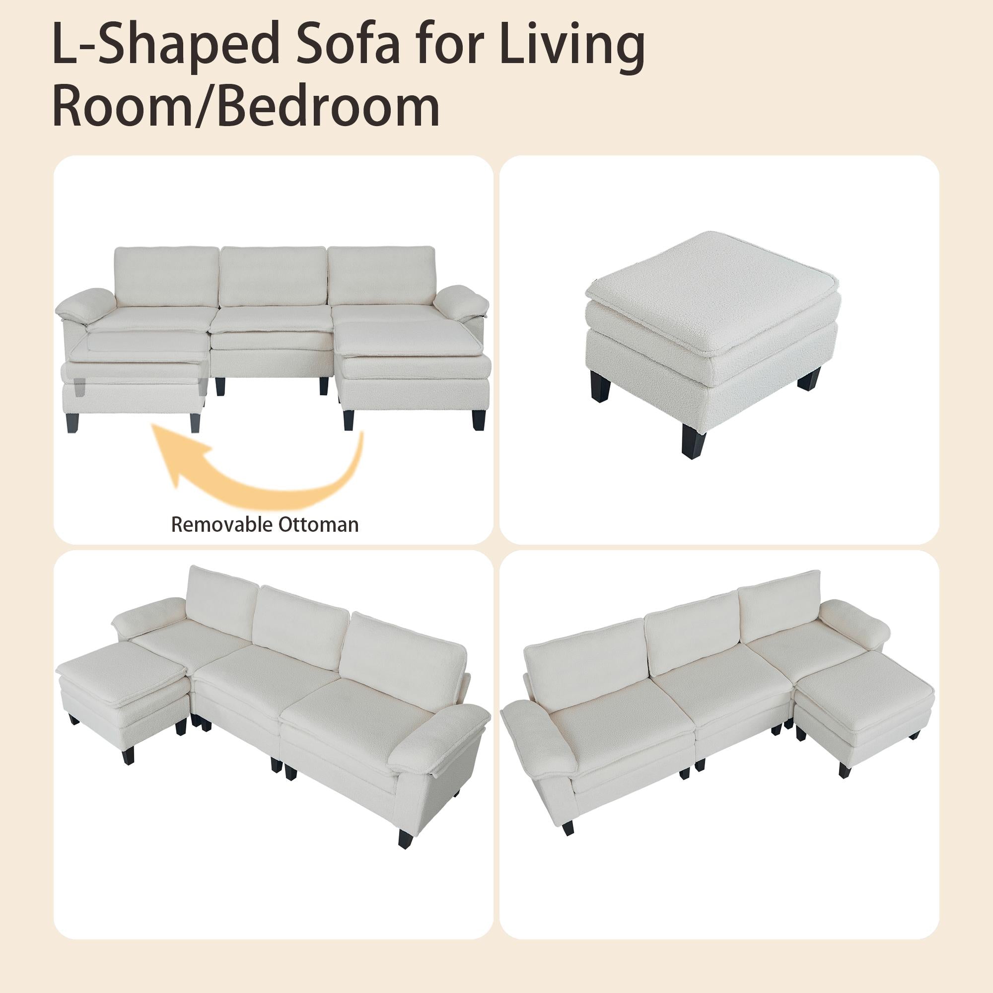 3-Seater Modular Sofa with Ottoman - Teddy Velvet, Solid Wood & Spring Cushion, Double-Layered Seat for Living Room