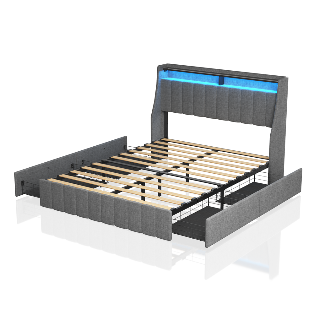 Queen size LED bed frame with winged headboard design for extra storage space