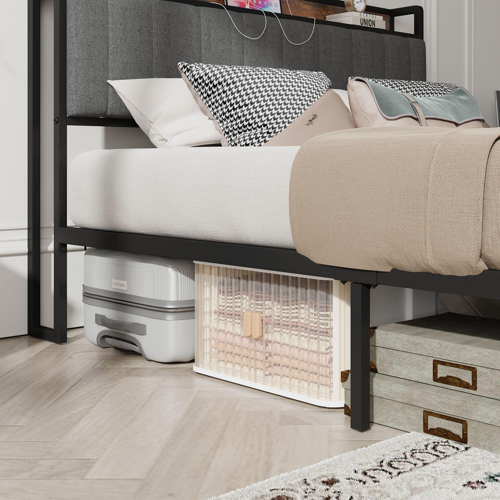 Queen-Size，Full metal bed frame with charging port at the head of the bed.