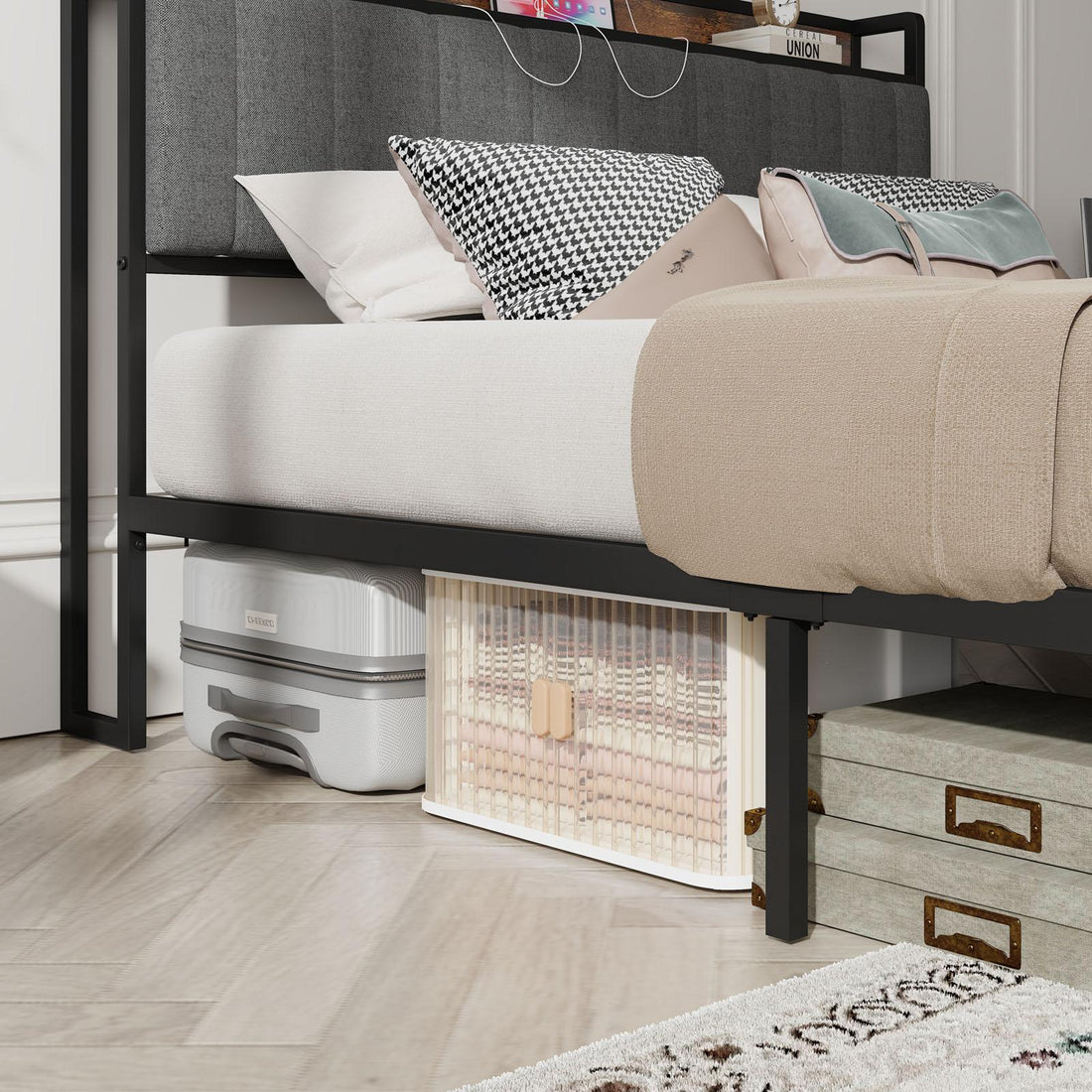 Queen-Size，Full metal bed frame with charging port at the head of the bed.