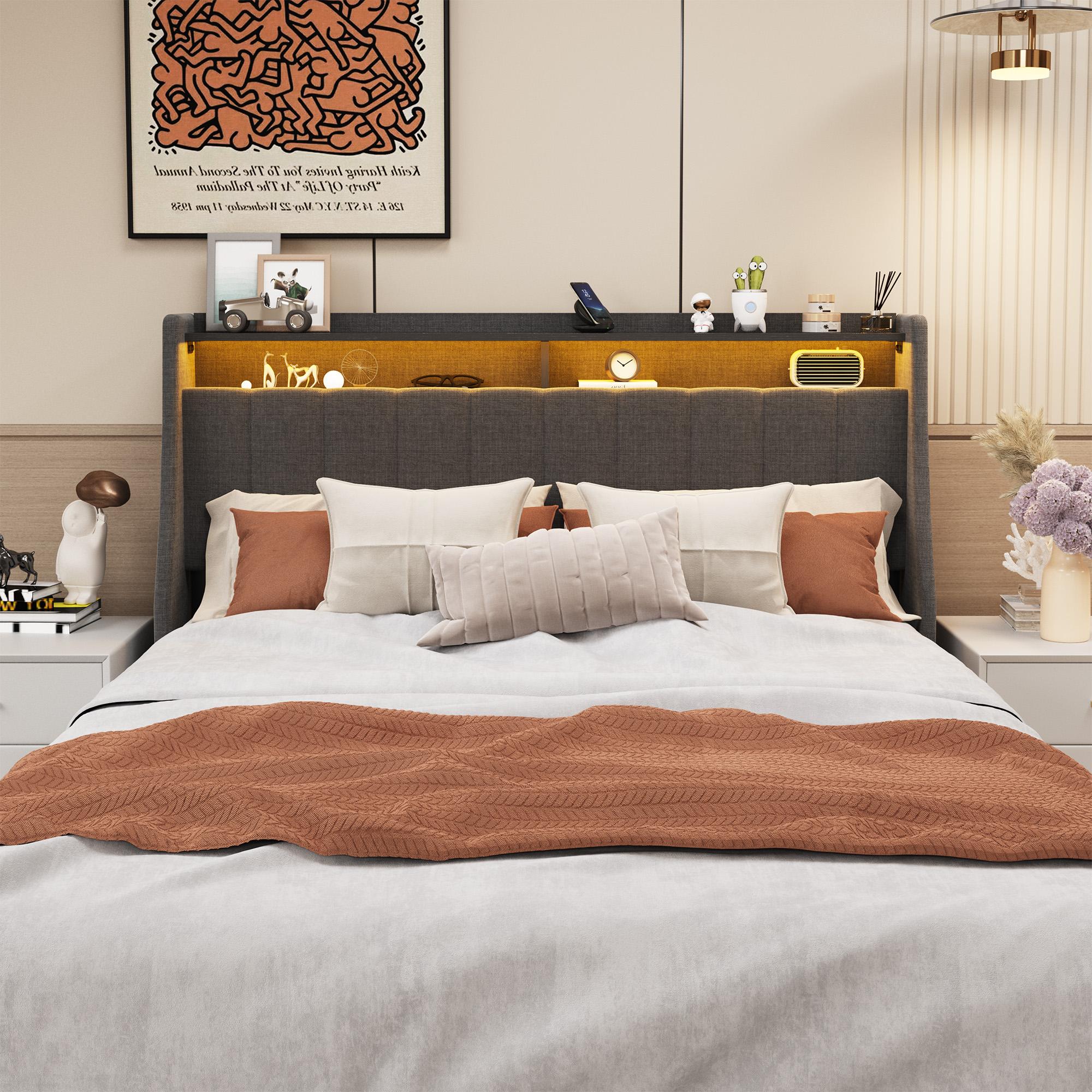 Queen size LED bed frame with winged headboard design for extra storage space