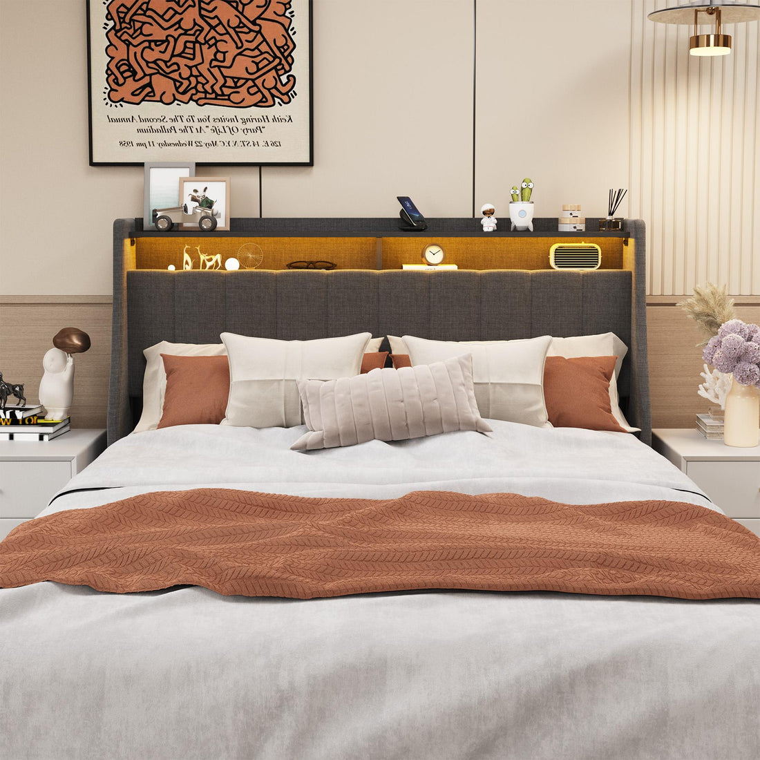 Queen size LED bed frame with winged headboard design for extra storage space