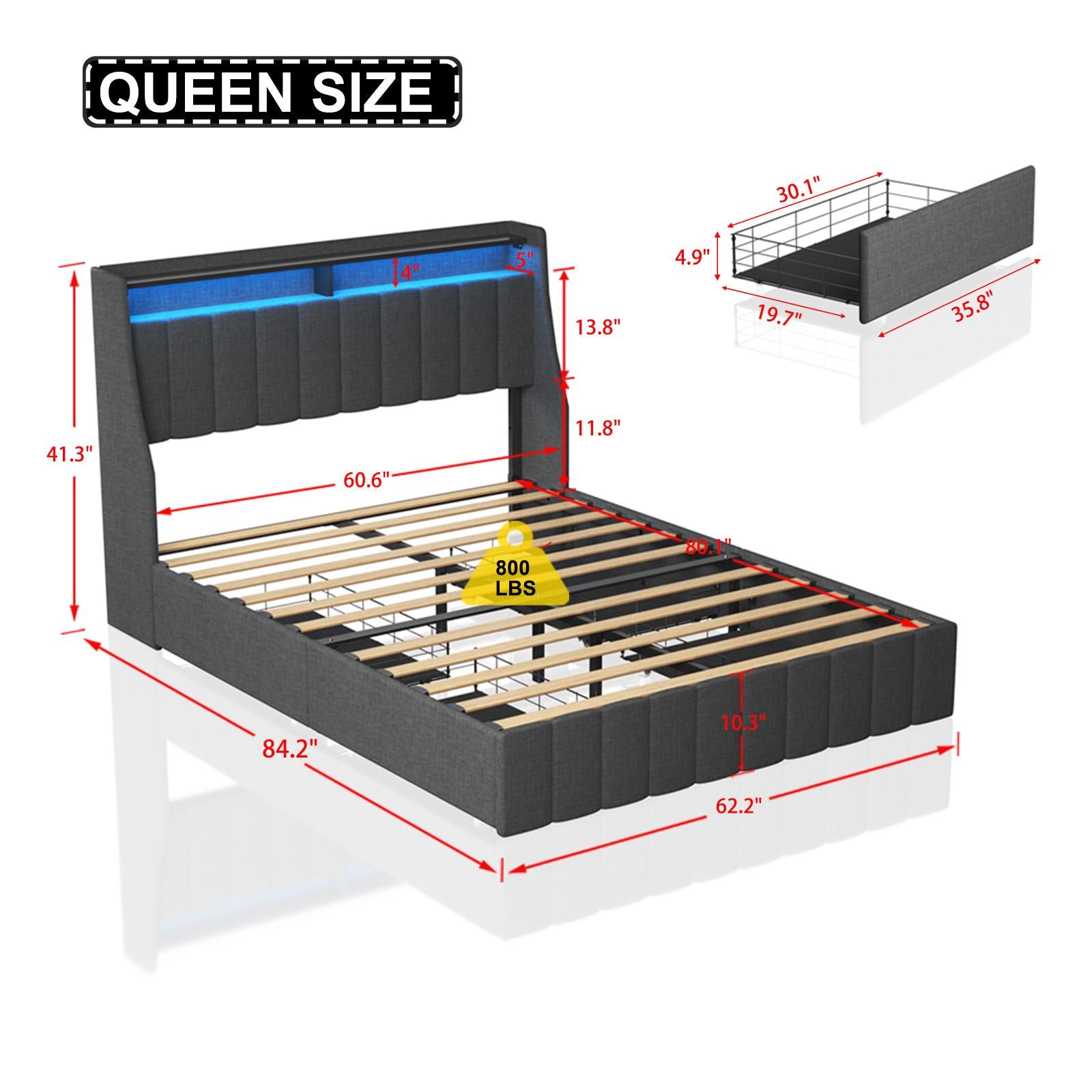Queen size LED bed frame with winged headboard design for extra storage space