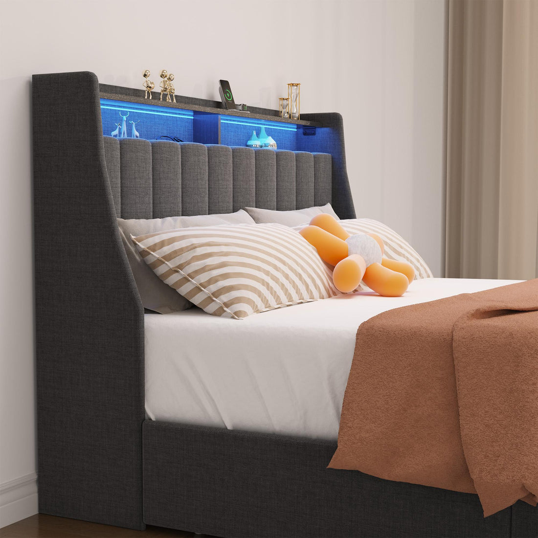 Queen size LED bed frame with winged headboard design for extra storage space