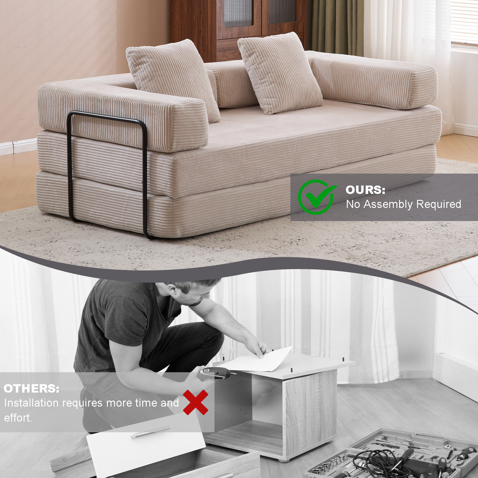 Floor Couch,Compression Sofa,Convertible Floor Sofa Bed-with Pillow Back Support Armrest,Comfy Futon Couch Lounge Sleeper Bed,Flannel fabric,for Livin