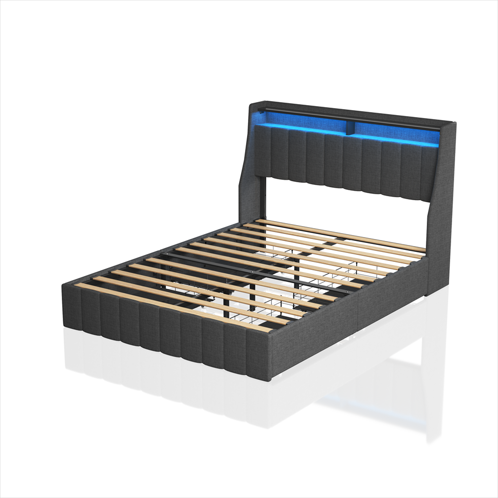 Queen size LED bed frame with winged headboard design for extra storage space