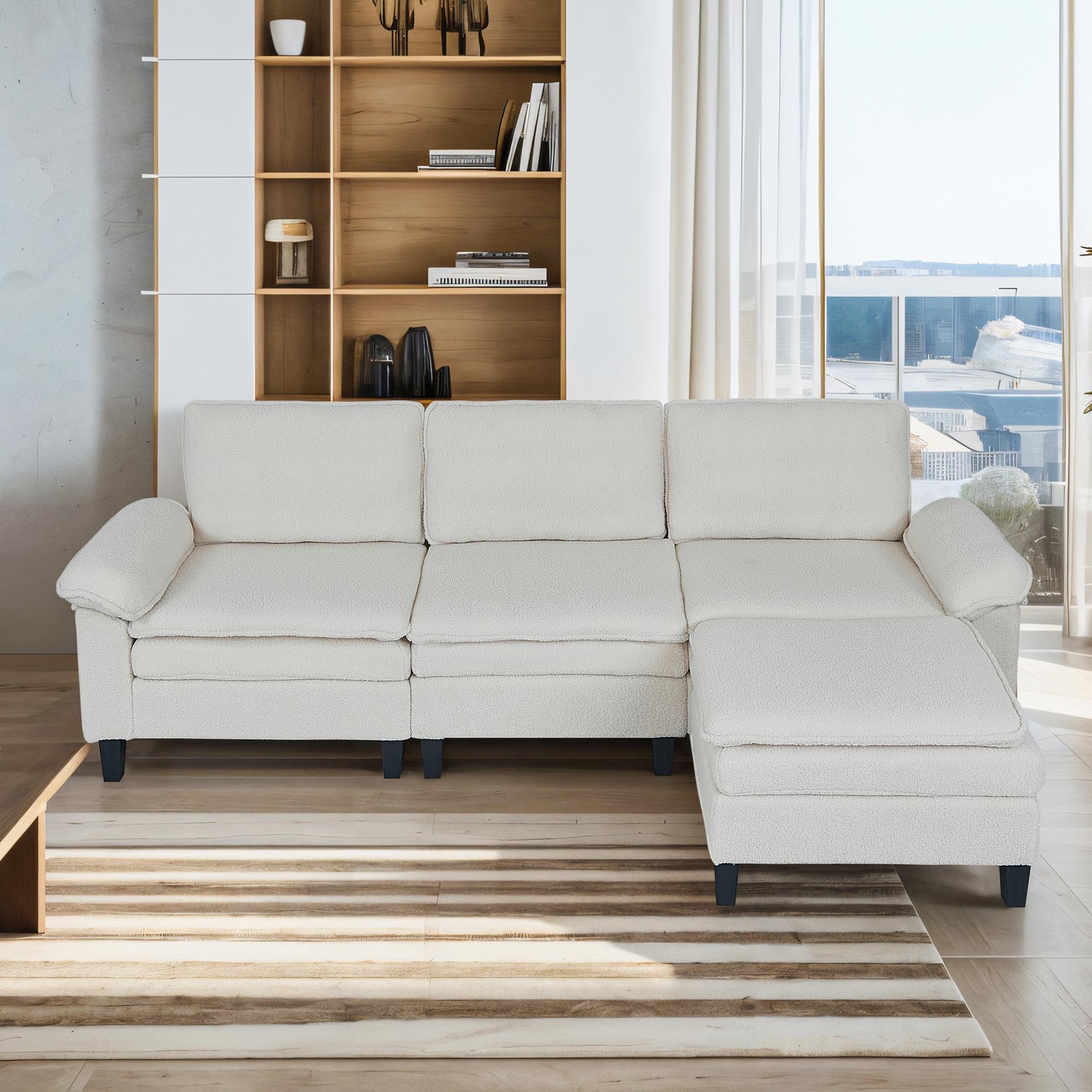 3-Seater Modular Sofa with Ottoman - Teddy Velvet, Solid Wood & Spring Cushion, Double-Layered Seat for Living Room