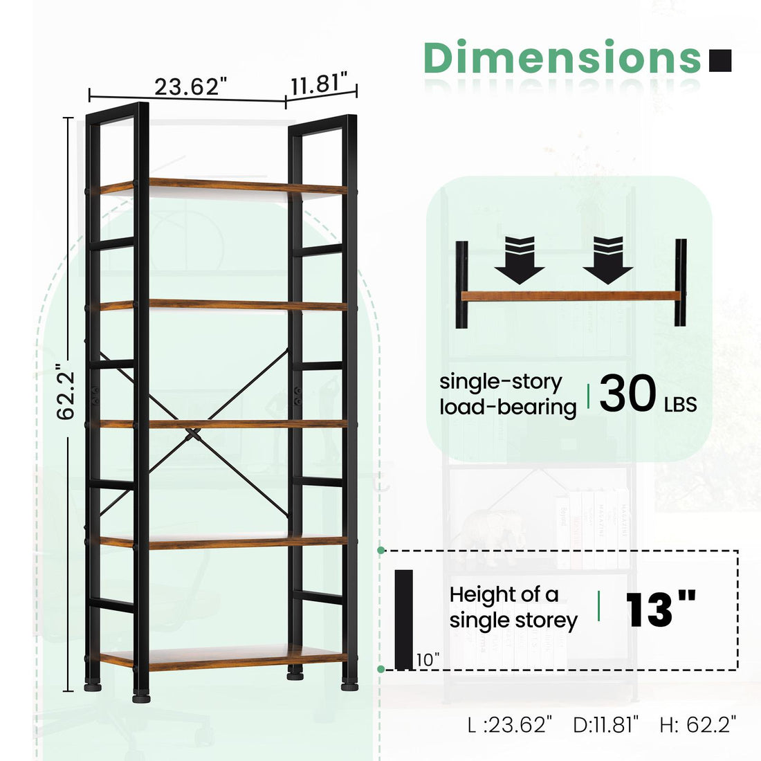 5 Tiers Bookshelf, Classically Modern Book Shelf, Book Rack, Storage Rack Shelves in Living Room/Home/Office