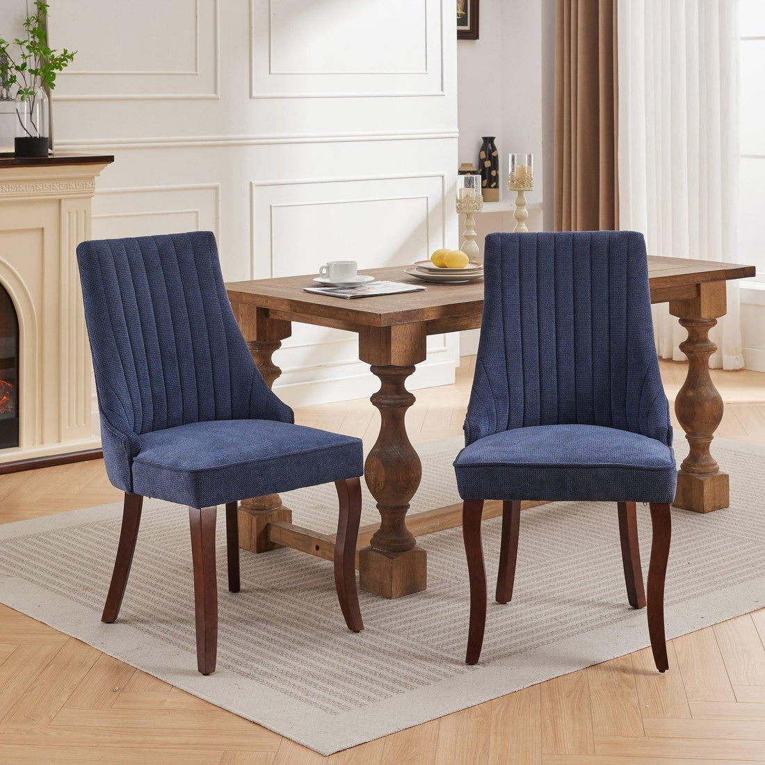 Rayon Cloth Flocking Linen Dining Chairs  Comfy Fabric Upholstered Accent Chair for Dining Room with Curved Solid Wood Legs,Set of 2