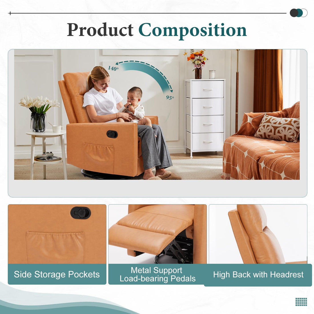 Single sofa with swivel recliner, oversized footstool, high back, comfortable cushion