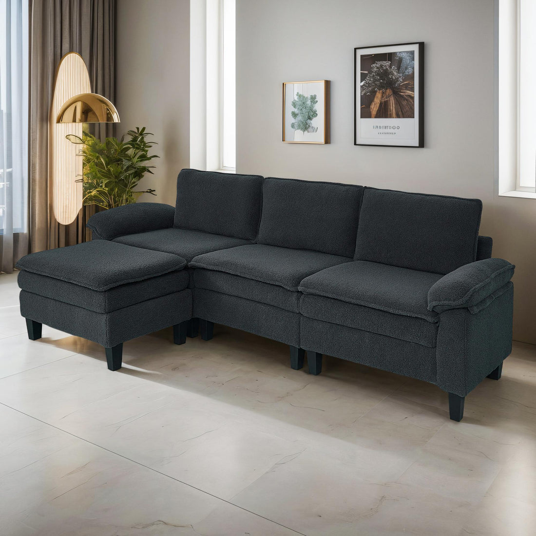 3-Seater Modular Sofa with Ottoman - Teddy Velvet, Solid Wood & Spring Cushion, Double-Layered Seat for Living Room