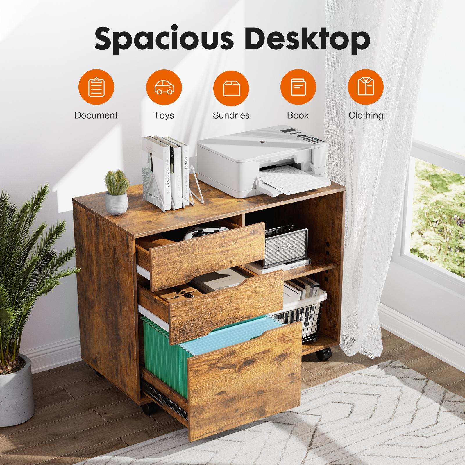 3 Drawer Filing Cabinet Wood Printer Stand with Storage Office Organize Cabinets with Wheels