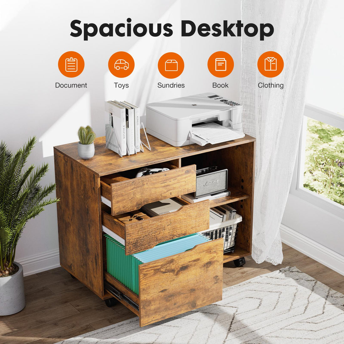 3 Drawer Filing Cabinet Wood Printer Stand with Storage Office Organize Cabinets with Wheels