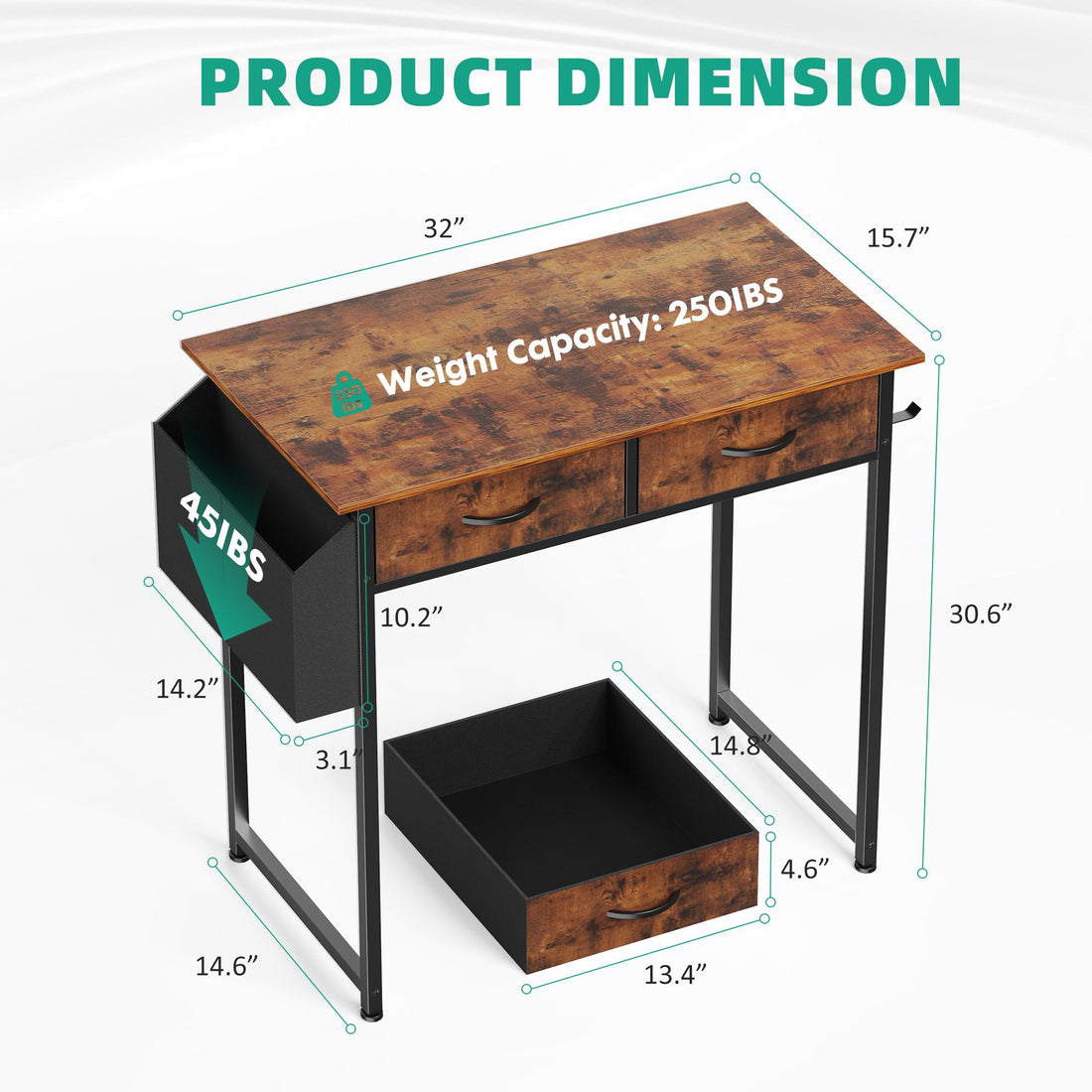 Computer Desk Small Home Office Bedroom Writing Study PC Table with Storage Space Fabric Side Bag Headphone Hook Metal Frame Adjustable