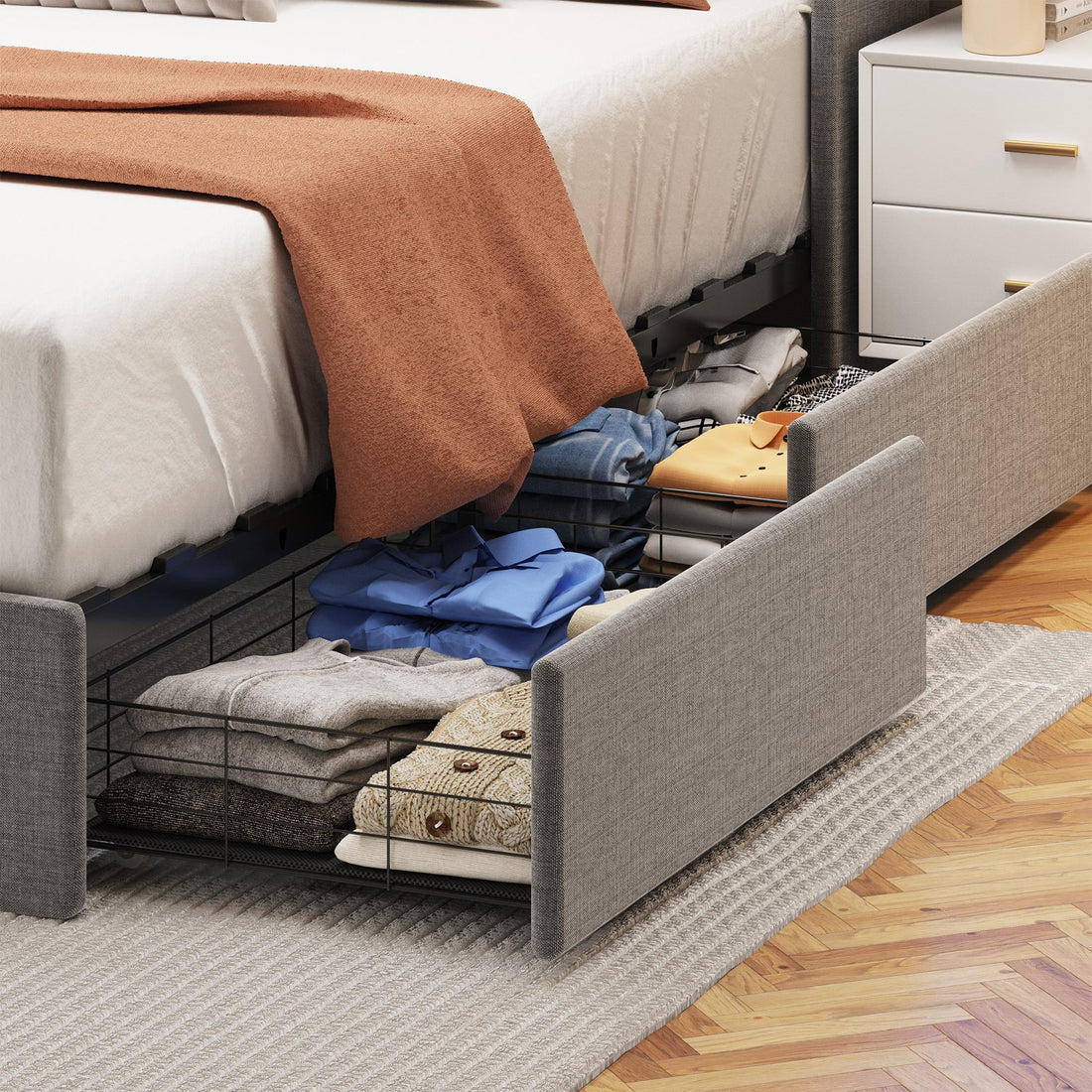 Queen size LED bed frame with winged headboard design for extra storage space