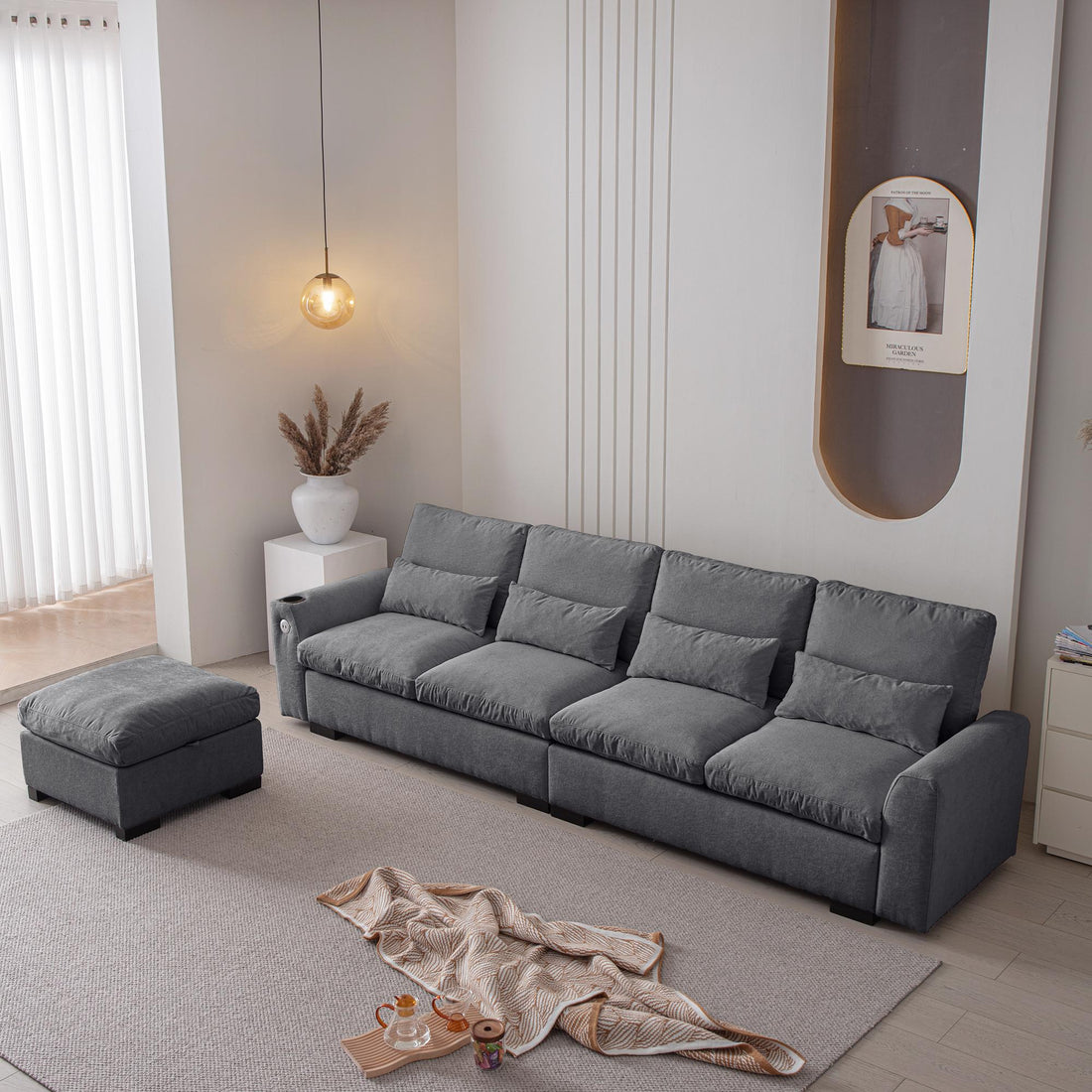 114.5"Modern L Shaped Chenille Sofa Couch Reversible Ottoman With Storage Removable and Washable Cushions Sofa With USB Ports & Cup Holder For Living