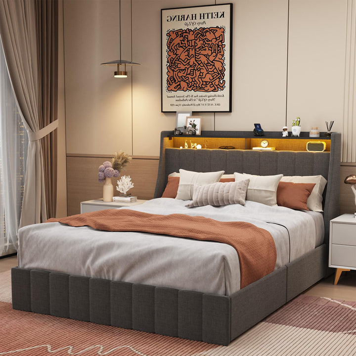 Queen size LED bed frame with winged headboard design for extra storage space