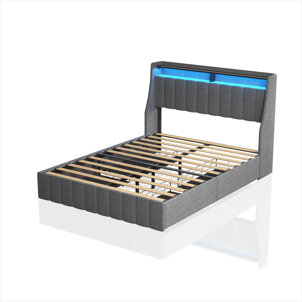 Queen size LED bed frame with winged headboard design for extra storage space