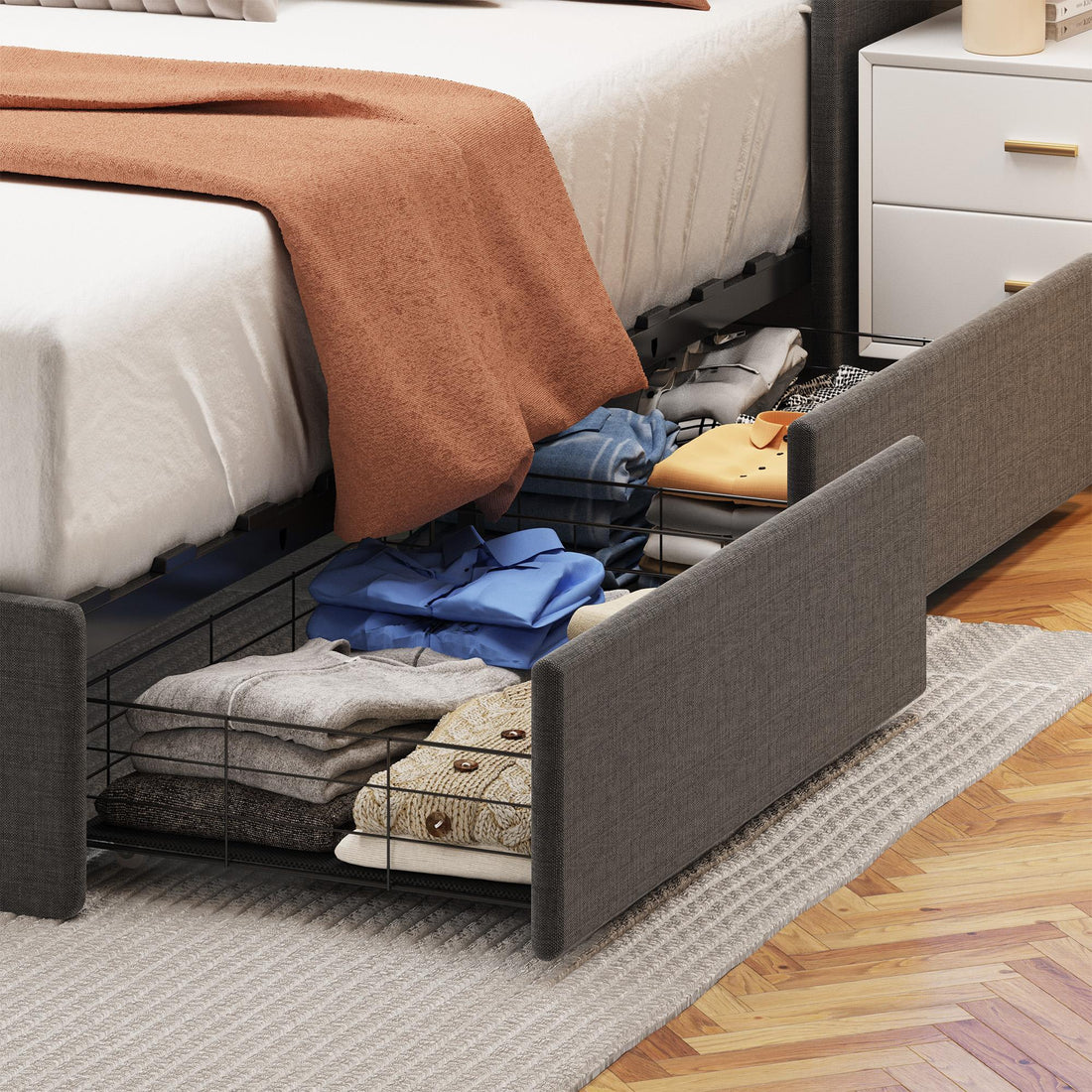 Queen size LED bed frame with winged headboard design for extra storage space