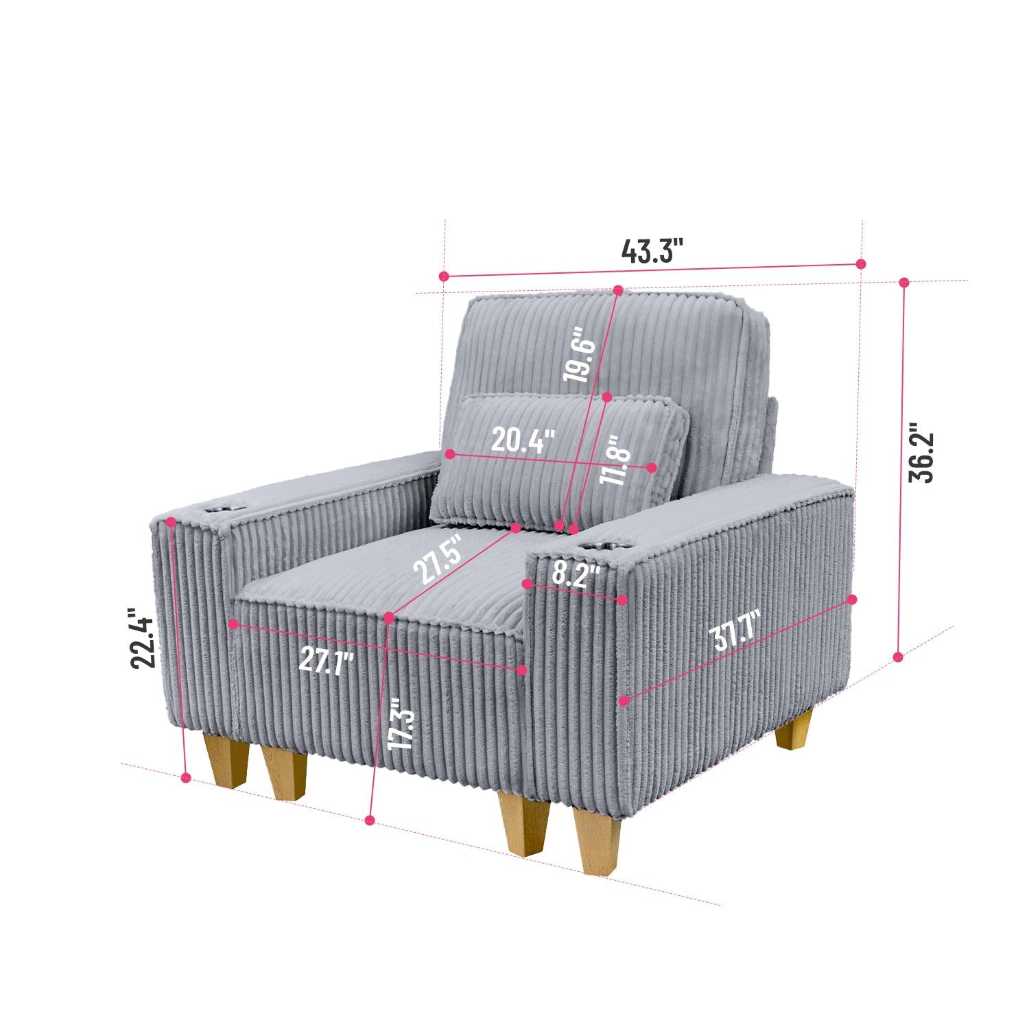 Corduroy Sectional Sofa with Cup Holder for Living Room（single sofa chair/2 Seater Loveseat/3 Seater sofa）