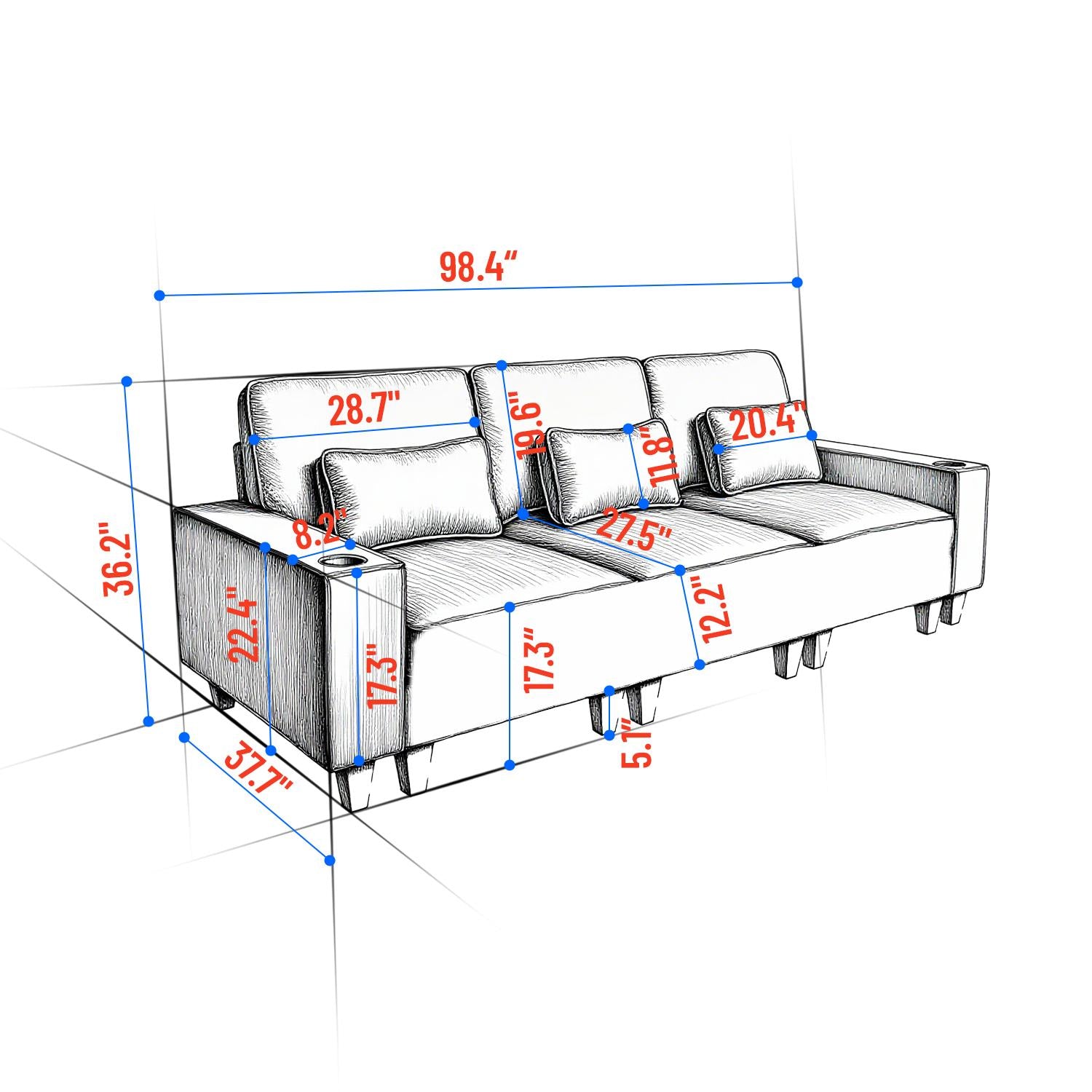 Sectional Sofa with Cup Holder for Living Room,Apartment,Bedroom