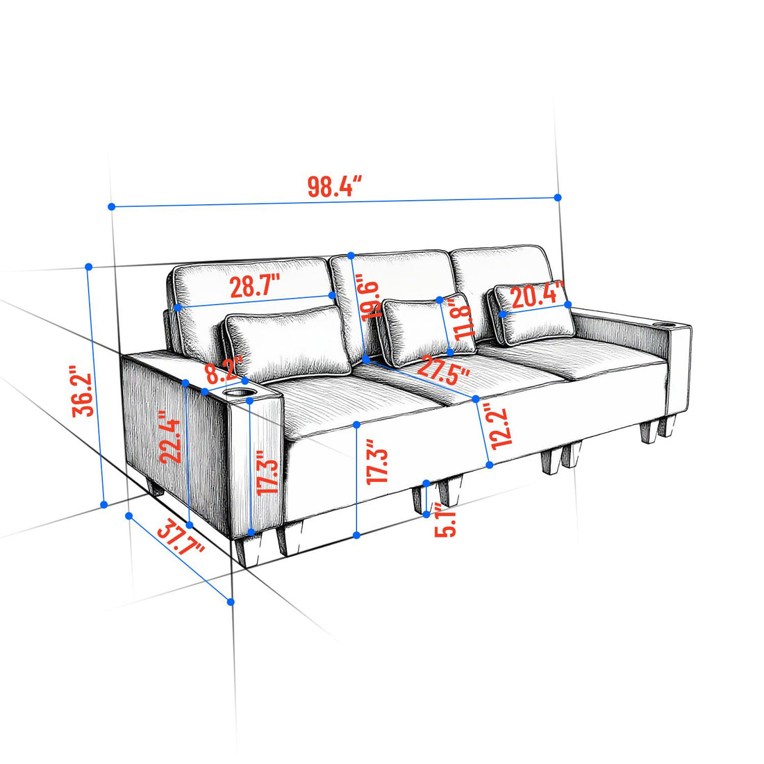 Sectional Sofa with Cup Holder for Living Room,Apartment,Bedroom