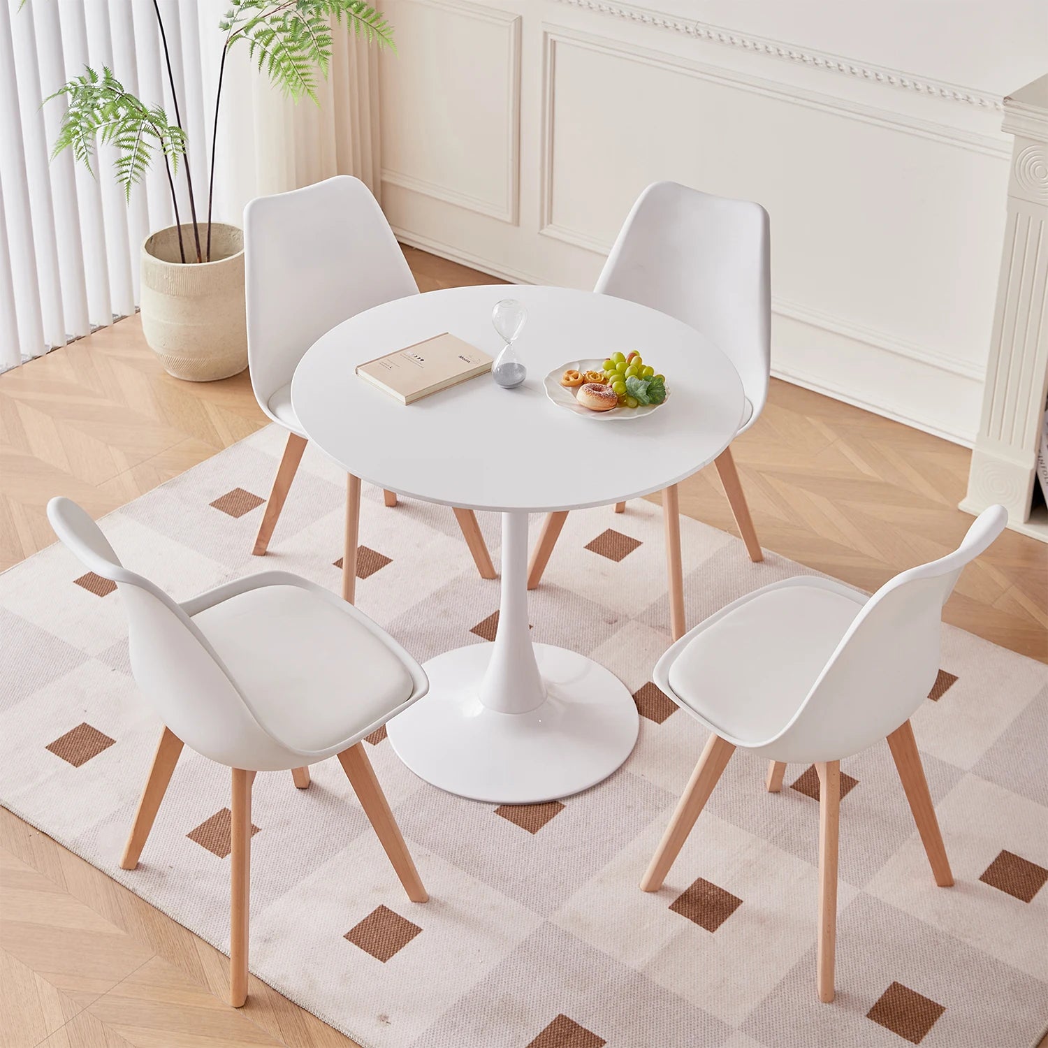 A Set of 6 Nordic Medieval Dining Chairs PU Padded Seat Beech Wood Legs Desk Chairs for Dining Room Bedroom Balcony Restaurant