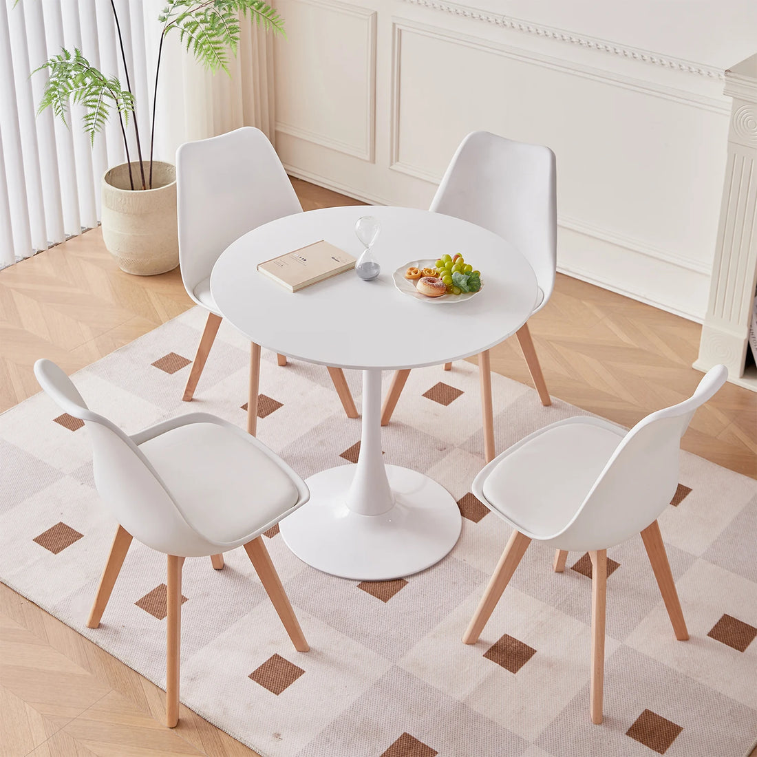 A Set of 6 Nordic Medieval Dining Chairs PU Padded Seat Beech Wood Legs Desk Chairs for Dining Room Bedroom Balcony Restaurant