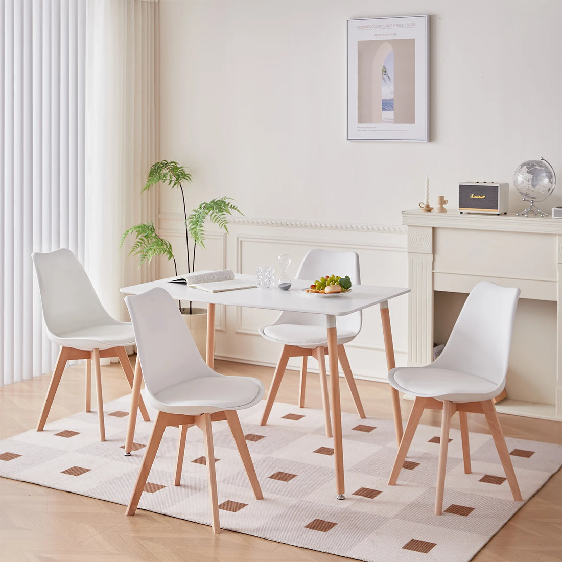 A Set of 6 Nordic Medieval Dining Chairs PU Padded Seat Beech Wood Legs Desk Chairs for Dining Room Bedroom Balcony Restaurant
