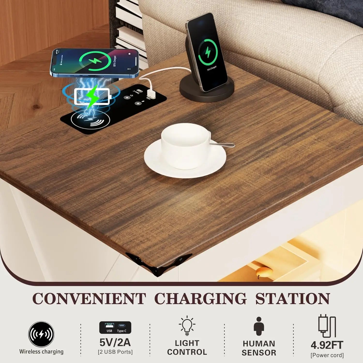 LED Nightstand Set of 2 with Gun Drawer: Bedside Table with Charging Station for Bedroom Furniture – Farmhouse, Customized