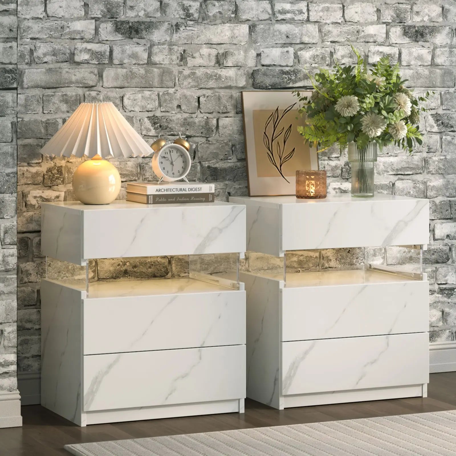Cubehom Bedside Tables 2 Set with LED Lighting White Bedside Table with 3 Drawers Bedside Table for Bedroom