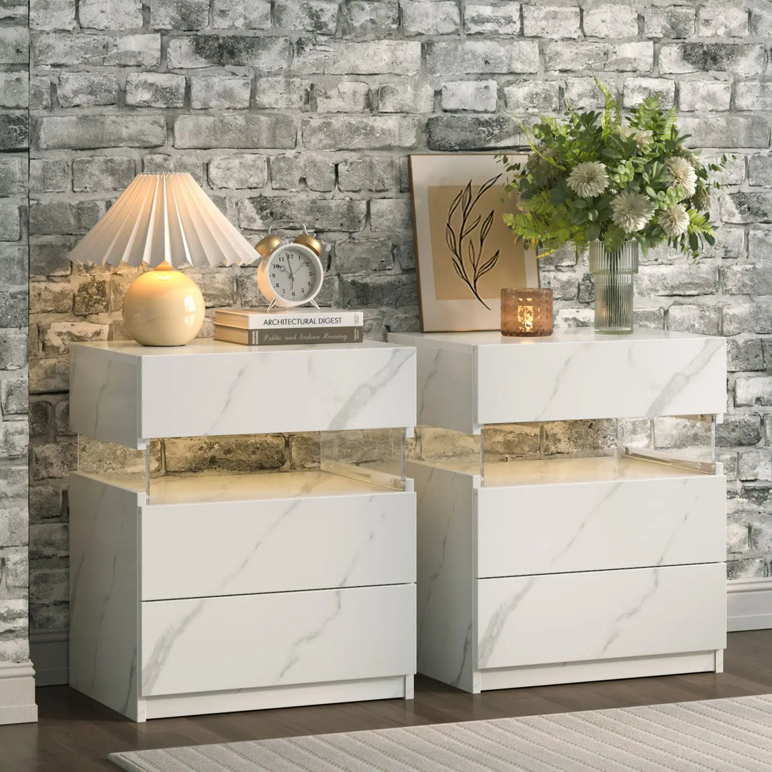 Cubehom Bedside Tables 2 Set with LED Lighting White Bedside Table with 3 Drawers Bedside Table for Bedroom