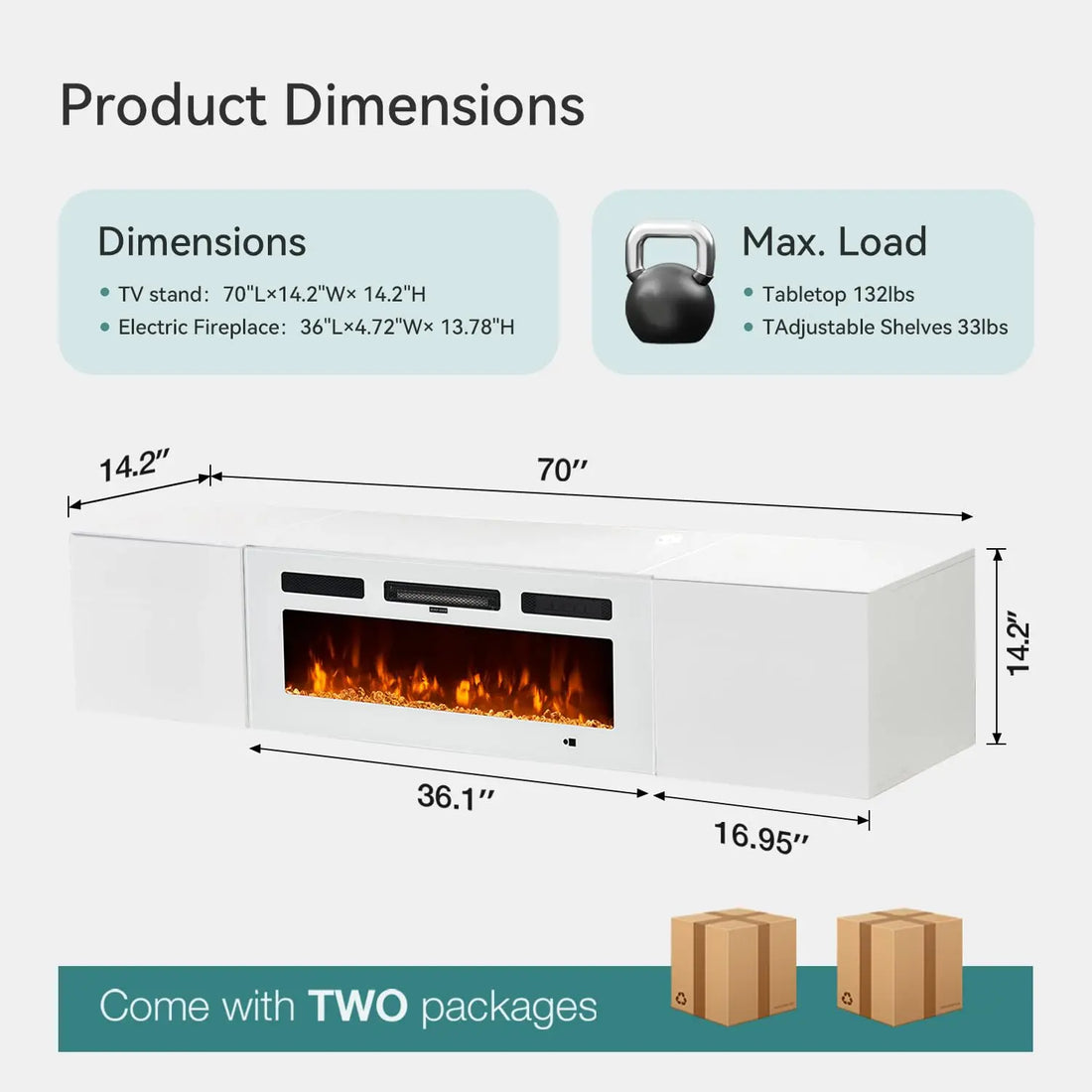 70in Wall Mount Floating TV Stand Console Electric Fireplace 36in 12-Color LED Storage Fit 80in TVs Living Room White Customized