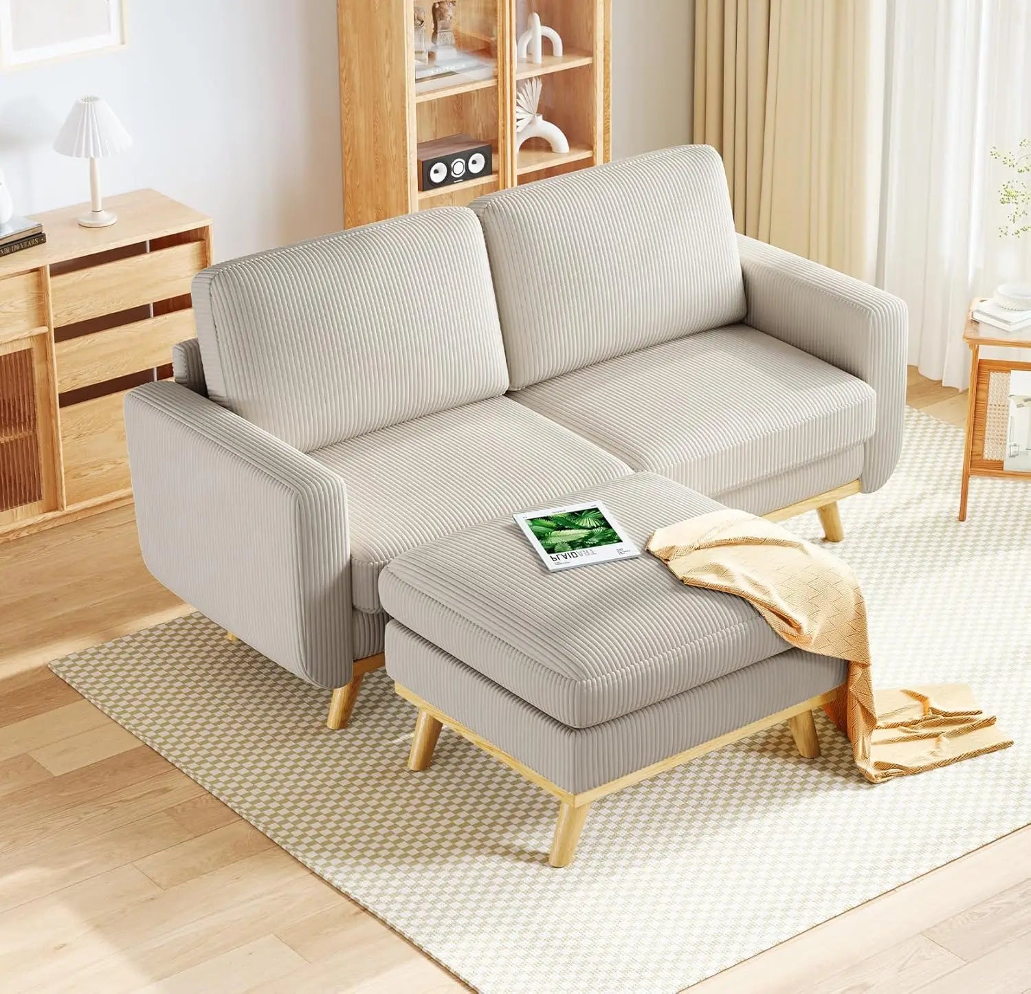 97" L-Shape Modular Sectional Sofa 3-Seat Corduroy Movable Ottoman Living Room Green, Customized